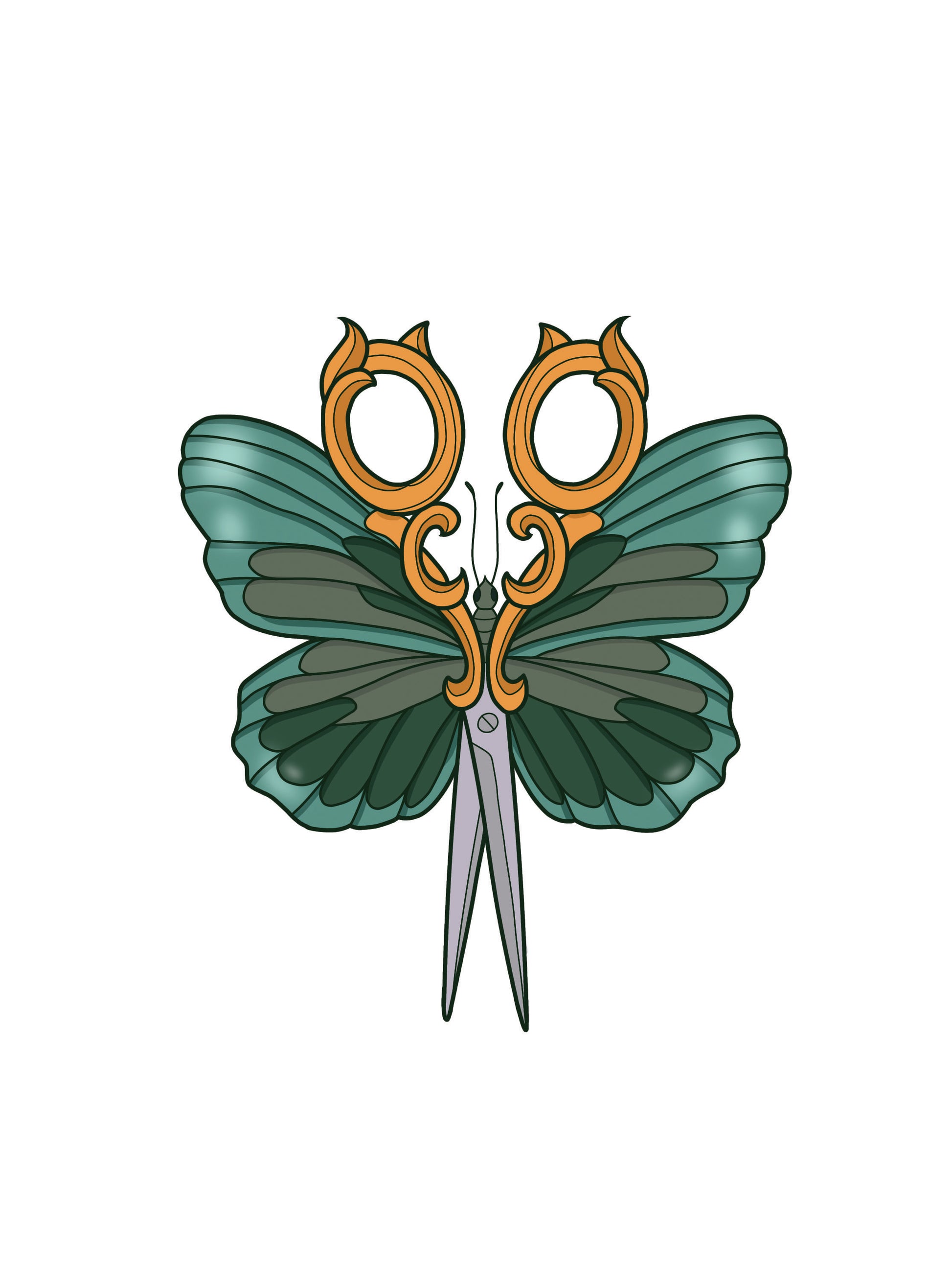 A pair of gilded,  filigree embroidery scissors standing upright. At the middle point of the scissors there is the body of a butterfly, and large green and teal wings sprout from the sides.  